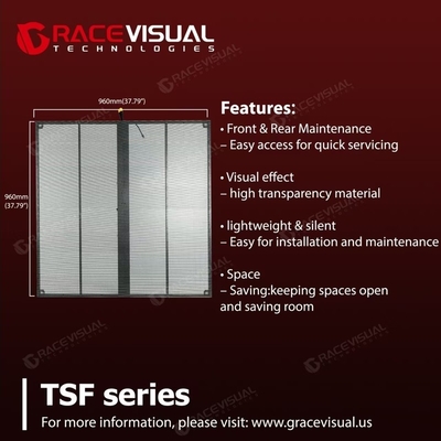 Serie TSF P3.97.8 Display LED trasparente 3840Hz Refresh Rate, pannelli da 500×1000mm, ideale per immagini ad alta risoluzione
