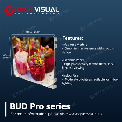 BUD Pro Indoor LED Display ️ Manutenzione frontale, disegno a montaggio a parete senza cavi, aggiornamento a 7680Hz, passo di pixel da 1,25 a 2,5 mm, angolo di visione ultra-ampio