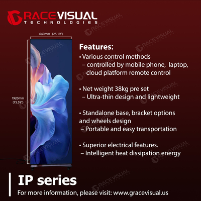 Serie IP. Un elegante poster a LED P2.5  Ultra-Slim 640×1920mm Display con precisione dei colori a 16 bit e design portatile per campagne d'interno eleganti